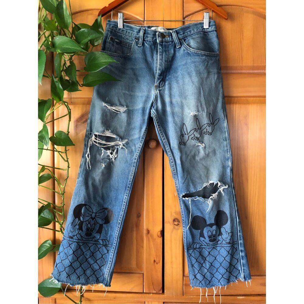 Lee Mickey Mouse Distressed Jeans 32x30 Custom Graphic Denim